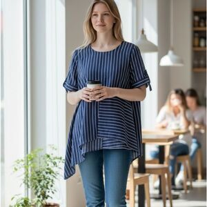 100% Linen Navy and White Asymmetrical Blouse